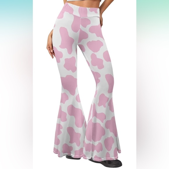 Pink and White Cow Print Flare Leggings - Picture 4 of 5